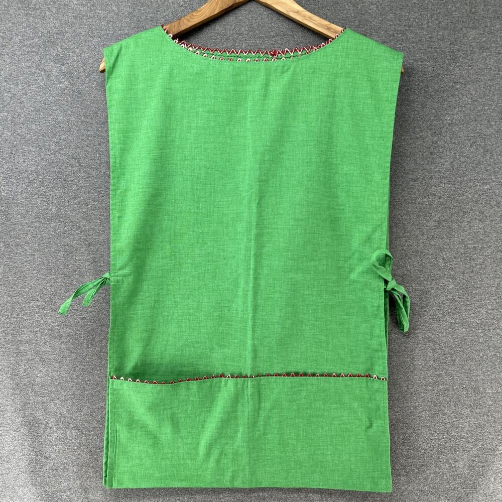 Vintage Apron Smock Womens OS Green Red Stitched Trim Pockets Cottagecore Retro